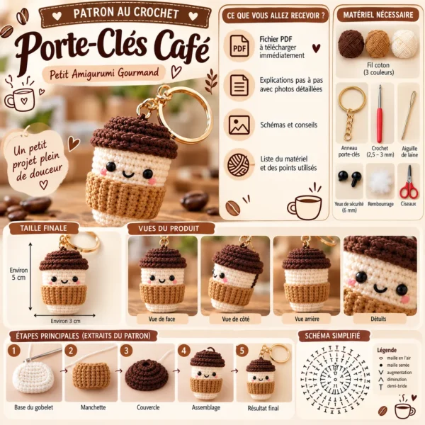 Patron Crochet Porte-Clés Café PDF | Amigurumi Tasse de Café