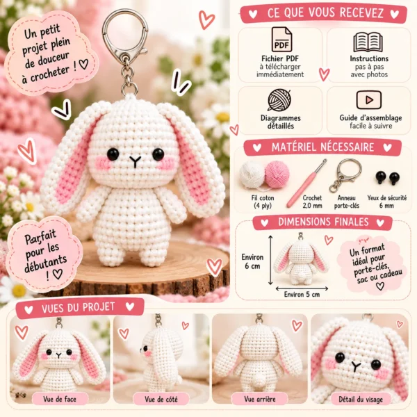 Patron Crochet Lapin Amigurumi PDF | Porte-Clés Lapin Kawaii