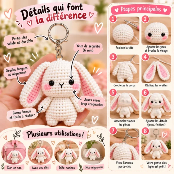 Patron Crochet Lapin Amigurumi PDF | Porte-Clés Lapin Kawaii