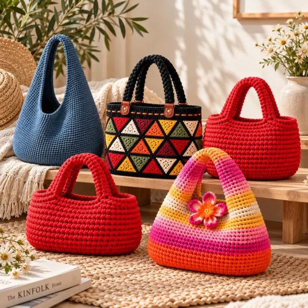 Colorful Crochet Bags in a Cozy Boho Display 5 Patrons de Sacs au Crochet PDF – Pack de 5 Modèles de Sacs