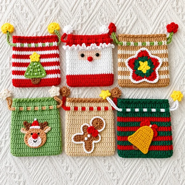 Crocheted Christmas Pouches Flat Lay Patron Sacs de Noël au Crochet PDF – 6 Modèles Festifs