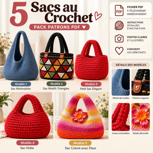 Five Crochet Bags Pattern Collection 5 Patrons de Sacs au Crochet PDF – Pack de 5 Modèles de Sacs