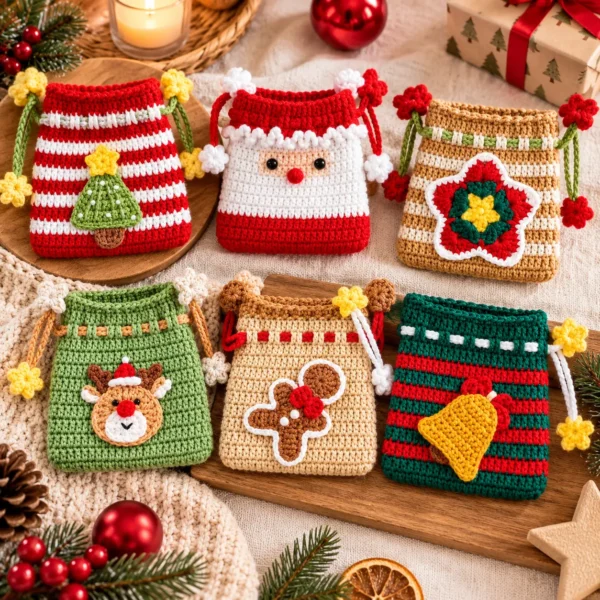 Handmade Christmas Crochet Gift Bags Patron Sacs de Noël au Crochet PDF – 6 Modèles Festifs