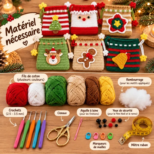 Matériel pour créer des pochettes de Noël Patron Sacs de Noël au Crochet PDF – 6 Modèles Festifs