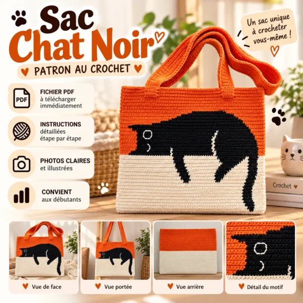 Patron Sac Chat Noir au Crochet PDF – Tutoriel Sac Cabas Amigurumi